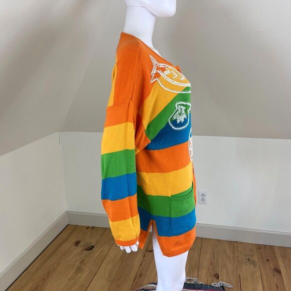 Vintage 80s 90s IB Diffusion Ocean Fish Striped Cardigan Sweater Beaded Sequin - Picture 4 of 11